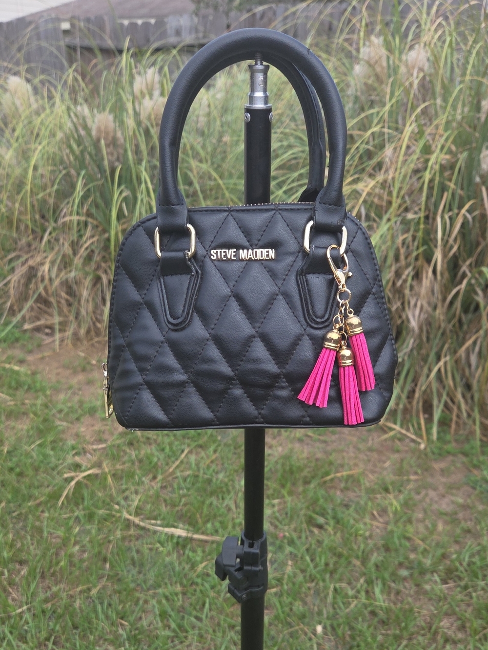 Steve Madden Quilted Mini Satchel with Pink Tassel Charm